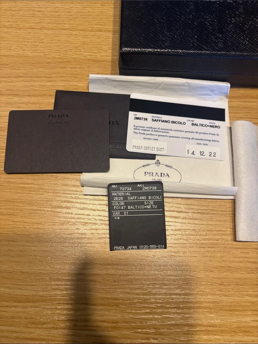 Prada Blue and black  Saffiano Leather wallet with box COA card
